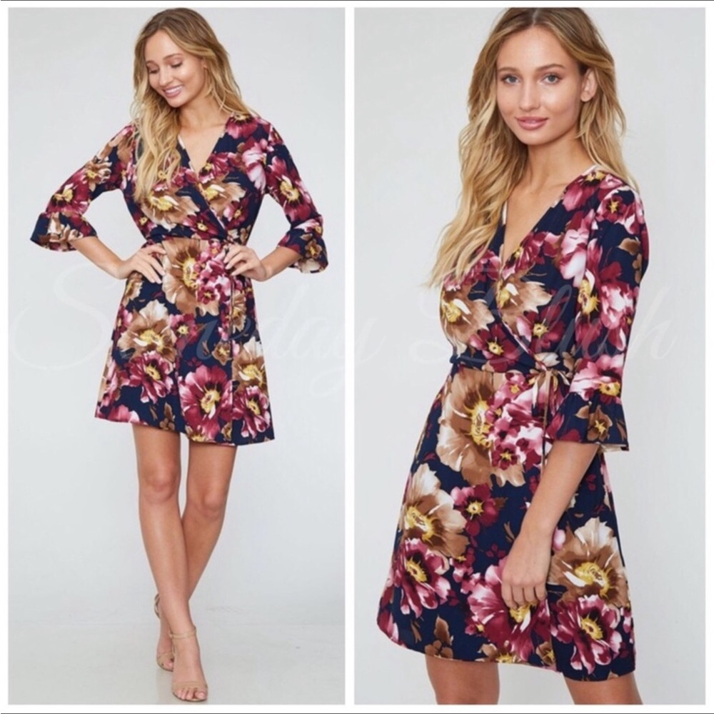 PLUM FLORAL BLOOM PRINT 3/4 SLEEVES WRAP DRESS